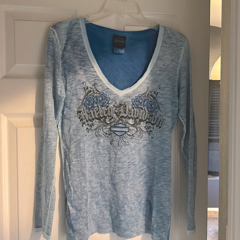 Harley Davidson long sleeve, light blue shirt. Size small